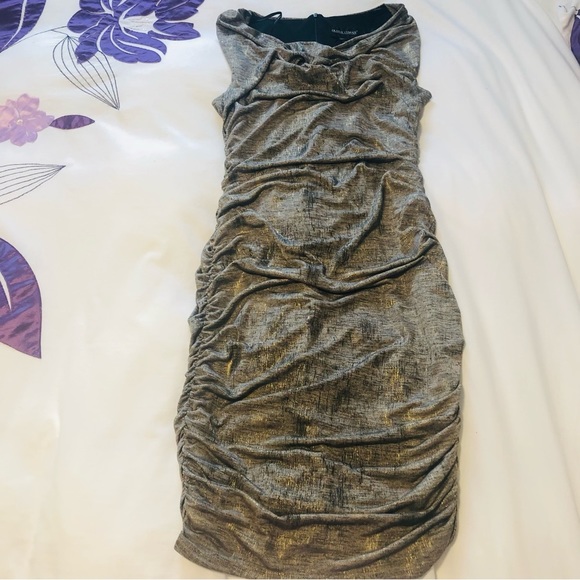 Frank Lyman Size 10 Metallic Knit Draped Cowl Sheath Dress Gold - Picture 8 of 11